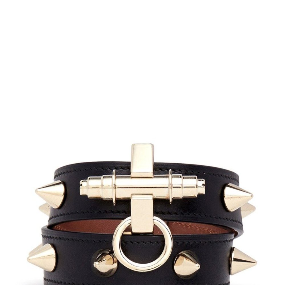 GIVENCHY Obsedia Double Wrap Leather Bracelet Gold Spikes Punk Studs RARE $995